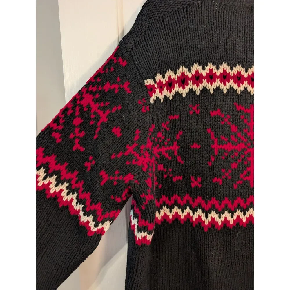 J.Crew Handknit Fair Isle Snowflake Sweater Men's L Black Red Lambswool